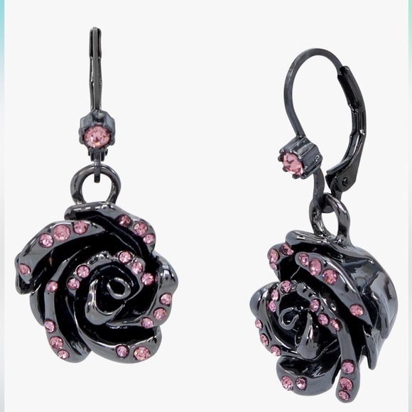 Betsey Johnson Jewelry - New BETSEY JOHNSON metal black rose earrings with pink rhinestones